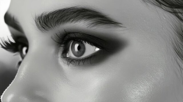 A person's eye in focus with dramatic, smoky eyeshadow and mascara.