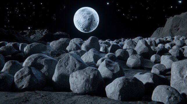A lunar landscape with a large moon and rocky terrain.