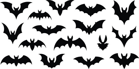 Fototapeta premium A grouping of different black bat outlines showcasing their spread wings against a bright white background