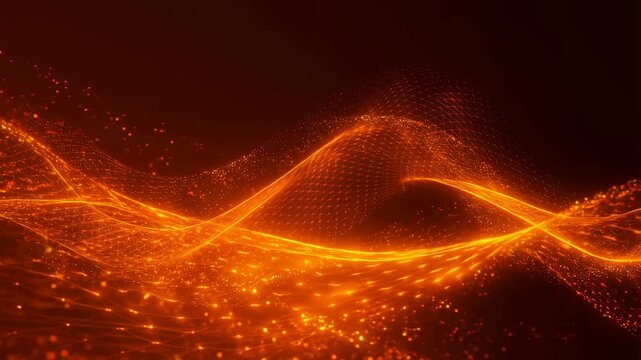 Abstract glowing orange wave patterns with sparkling particles. Represents energy, movement, and digital innovation in visual design