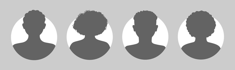 Silhouette profile avatar African American male and female portraits. Anonymous user interfaces. Profiles of unknown people. Man, woman, people. Gray vector illustration. All objects are isolated