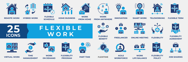 Flexible Work icon set flat style collection.  With Remote Work, Work from Home, Hybrid Work, Freelancing, Smart Work, Flexible Schedule, integration, time management, agreement icon.