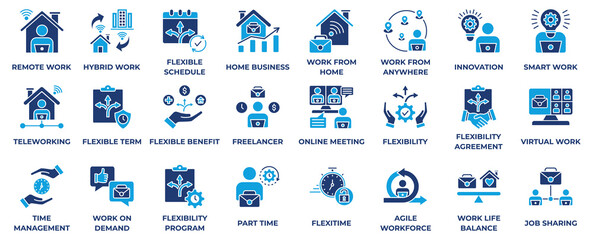 Hybrid work icon collection set. Containing remote work, office, home, flexibility, collaboration, technology, productivity, communication icon. Simple flat vector illustration.