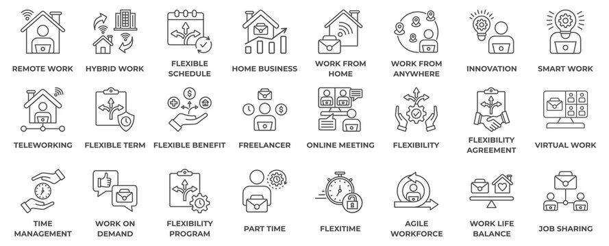 Hybrid work icon collection set. Containing remote work, office, home, flexibility, collaboration, technology, productivity, communication icon. Simple line vector illustration.