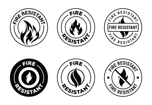 six black and white fire resistant labels and icons on a white background