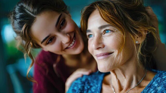 Adult daughter gently caring for her elderly mother at home, showing emotional support, trust, and compassionate family caregiving