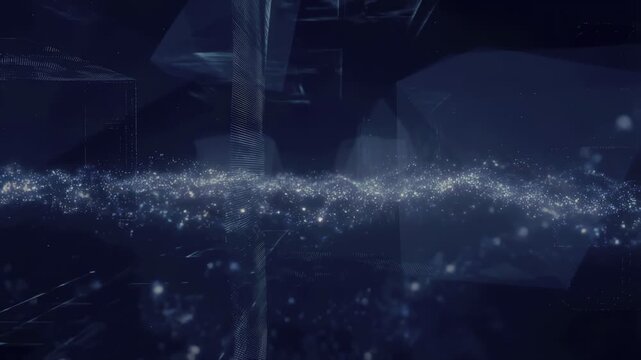 Abstract digital landscape with shimmering particles and geometric shapes. Represents the concept of data flow and technological innovation