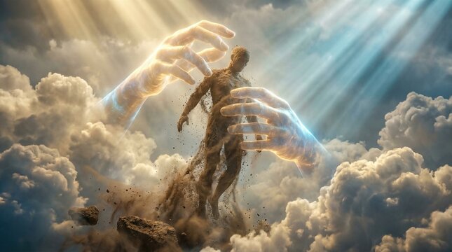 Divine hands shaping a man from dust and rock amidst clouds and light beams, depicting the biblical creation in Genesis for religious themes.