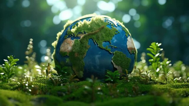 The shows a globe of the world placed on lush green moss within a forest environment. Sunlight shines through tree leaves onto the globe and the surrounding foliage