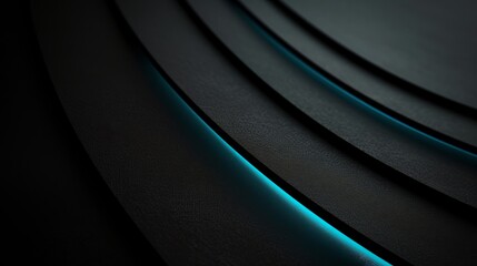 Abstract black background with glowing blue neon light curve. Futuristic technology texture with copy space. Modern dark geometric layers