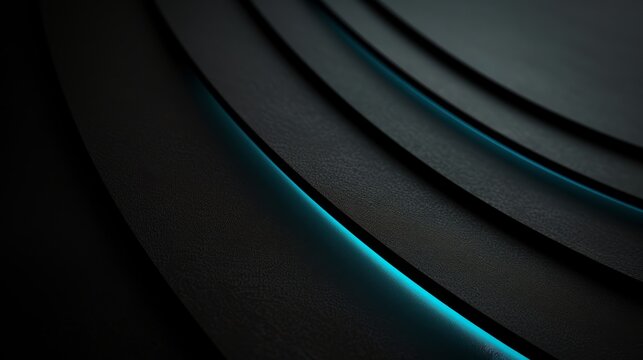 Abstract black background with glowing blue neon light curve. Futuristic technology texture with copy space. Modern dark geometric layers