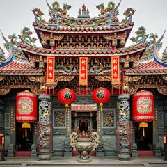 Fototapeta premium Traditional Chinese Temple Entrance Decorated With Red Lanterns And Ornaments