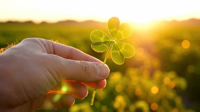 Hand holding a four-leaf clover against a golden sunset. Symbol of luck and fortune in nature. St. Patrick's Day concept