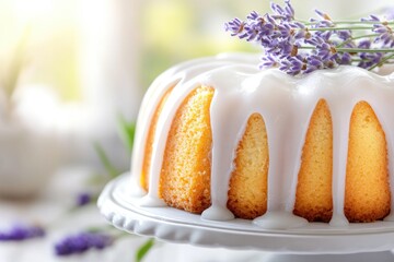 Freshly baked easter cake with drizzle glaze and lavender decoration for spring celebration