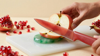 Slicing fresh red organic peppers in a kitchen for a healthy vegetarian salad meal preparation on a table with green vegetables and tomatoes