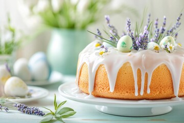 Freshly baked easter cake with drizzle glaze and lavender decoration for spring celebration