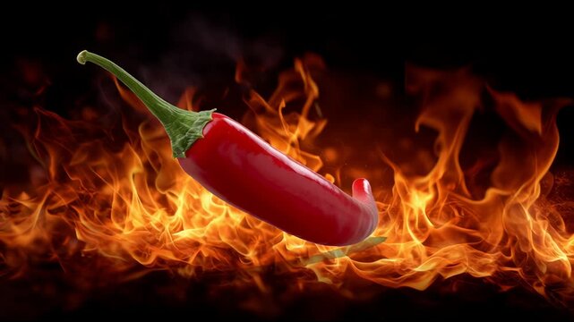 A red hot chili pepper spins against a bright, realistic flame. A concept of heat, spice, and hot cuisine.