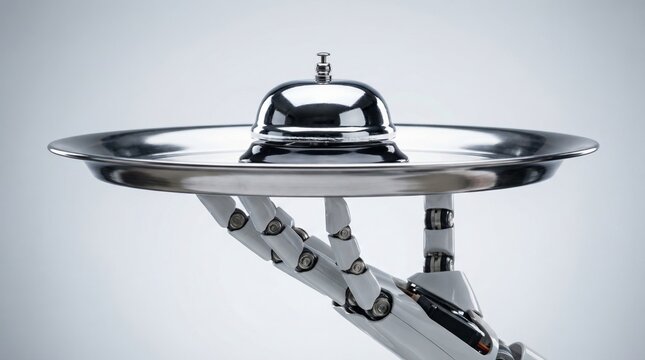 Robotic waiter arm holding silver serving tray in futuristic restaurant representing ai service and hospitality industry