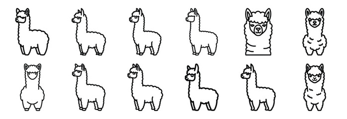 Obraz premium Collection of alpaca fluffy wool line art icons on white background. Set of animal linear symbols. Vector illustration.