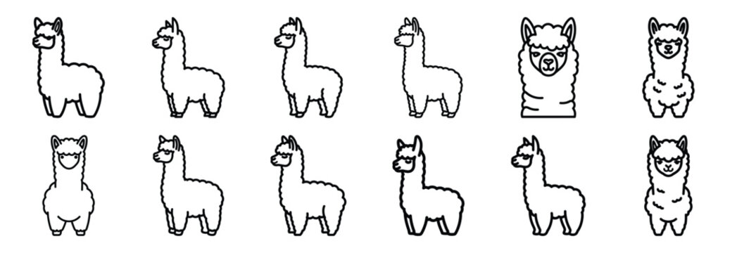 Collection of  alpaca fluffy wool  line art icons on white background. Set of animal linear symbols. Vector illustration.