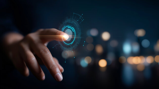 Digital authentication fingerprint login cyber security online internet access biometric verification secure network data protection technological safety defocused background - Powered by Adobe
