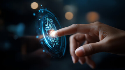 Blue fingerprint scan icon virtual screen finger scanning security access biometrics identification dark cyber security privacy data protection technology business defocused
