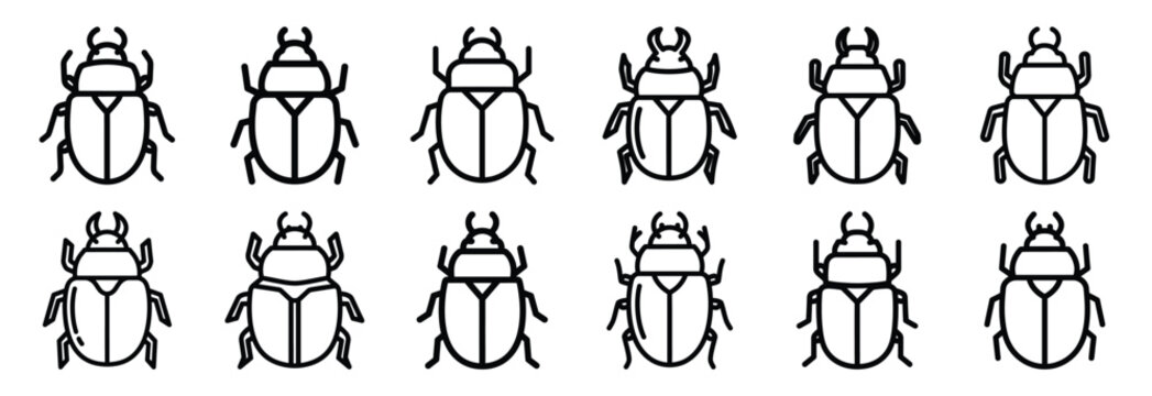 Collection of  beetle hard shell  line art icons on white background. Set of animal linear symbols. Vector illustration.