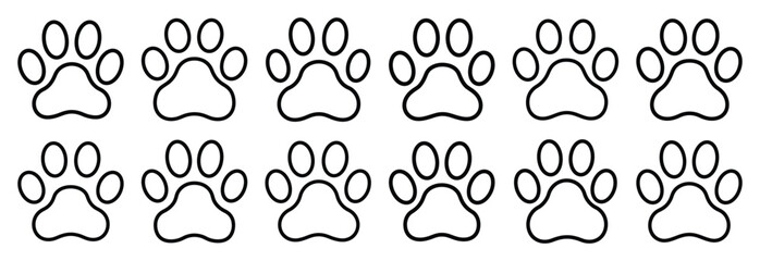 Collection of  dog paw print  line art icons on white background. Set of animal linear symbols. Vector illustration. © SreeAtul