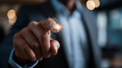 Faceless businessman login fingerprint scanning technology fingerprint identify personal security system concept biometric access digital protection defocused background with