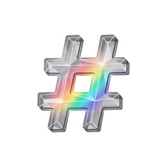Fototapeta premium 3D crystal hashtag symbol with rainbow spectrum reflection isolated on white background Transparent Background