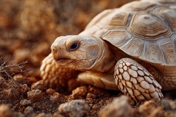 Turtle crawling on brown ground with dry plants
