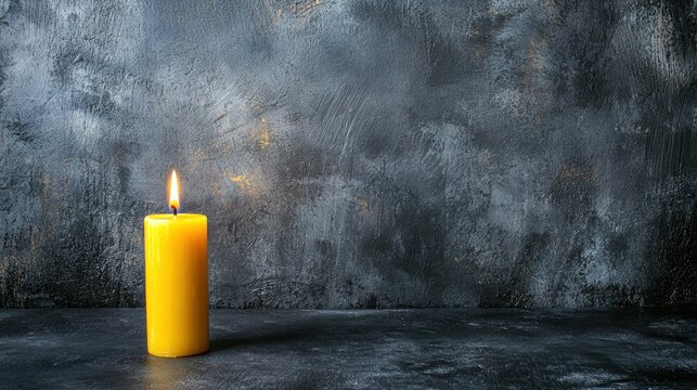 A single yellow candle stands on a dark gray surface.
