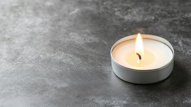 A single lit candle in a silver tin sits on a gray surface.