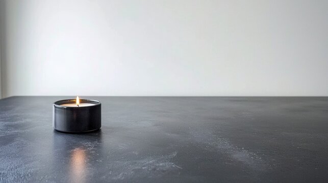 A single lit candle in a black holder sits on a dark gray surface.