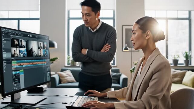 Two creative professionals collaborating on a video editing project. An Asian man and woman discussing the timeline on a computer in a modern office. Teamwork in post-production