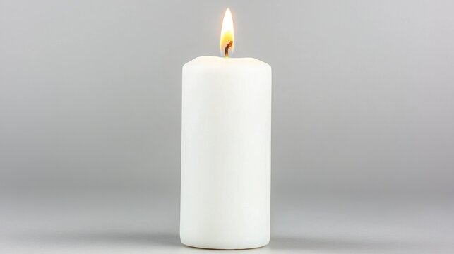 A white candle with a yellow flame.