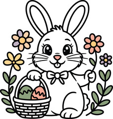 Charming black and white illustration of a bunny rabbit with an easter basket and flowers