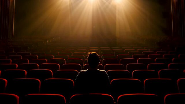 Solitary viewer seated in empty cinema auditorium with glowing projector illumination creating dramatic mood anticipation and storytelling experience