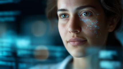 Facial verification woman grey background double exposure virtual screen digital data biometric identification face recognition cyber security technological authentication