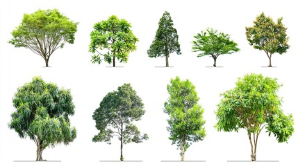 Fototapeta premium herbarium. A diverse assortment of green trees showcased in a clean botanical illustration style on white background. gardening catalogs.