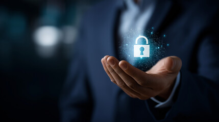 Data protection cybersecurity concept faceless businessman holding hologram icon secure personal information digital privacy policy confidential identity management cyber