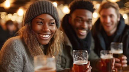 A woman with a hat and a man with a beard are smiling and holding glasses of beer. The atmosphere is relaxed and friendly