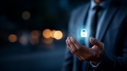 Data protection cybersecurity concept faceless businessman holding hologram icon secure personal information digital privacy policy confidential identity management cyber