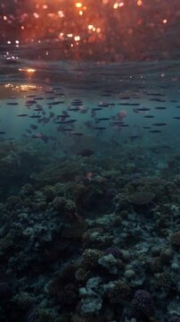 A shimmering school of small fish swims close to the water surface at sunset, bathed in magical golden light with orange and red rays, creating a dreamy, atmospheric underwater scene full of warmth