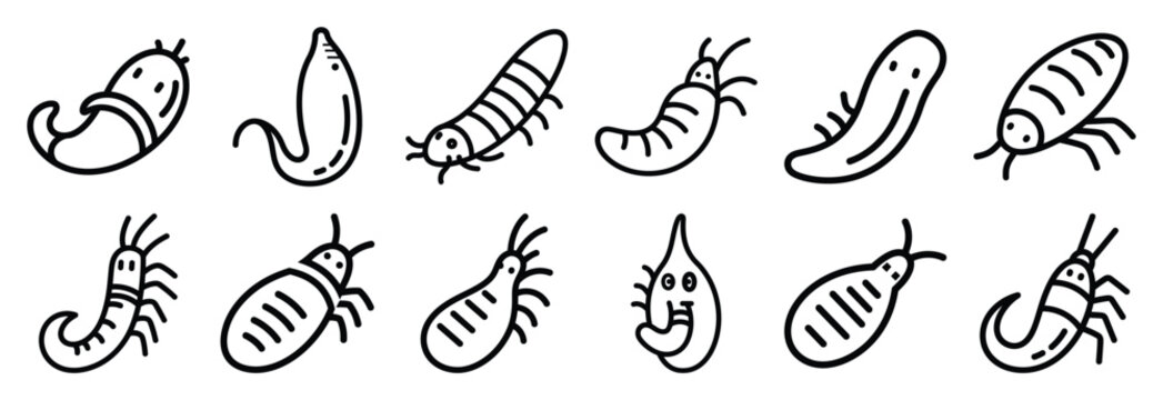 Collection of  leech sucker body  line art icons on white background. Set of animal linear symbols. Vector illustration.