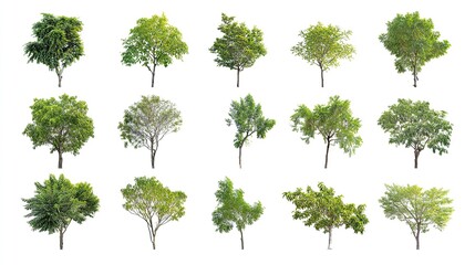 Fototapeta premium herbarium. A diverse assortment of green trees showcased in a clean botanical illustration style on white background. gardening catalogs.