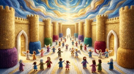 Fototapeta premium Knitted kingdom of heaven with angels, children, and apostles. Biblical Christian story for kid learning and teaching. Yarn art for childrens stories.