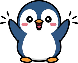 Fototapeta premium A cartoon penguin illustration jumps up excitedly with hands raised.