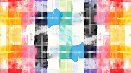 Colorful abstract background with a geometric grid pattern. Symmetrical modern art with painterly textures. Creative hand-painted design