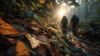 Autumn forest trail with wet leaves and walking people at sunrise conveys atmosphere of journey, silence, nature and light.
